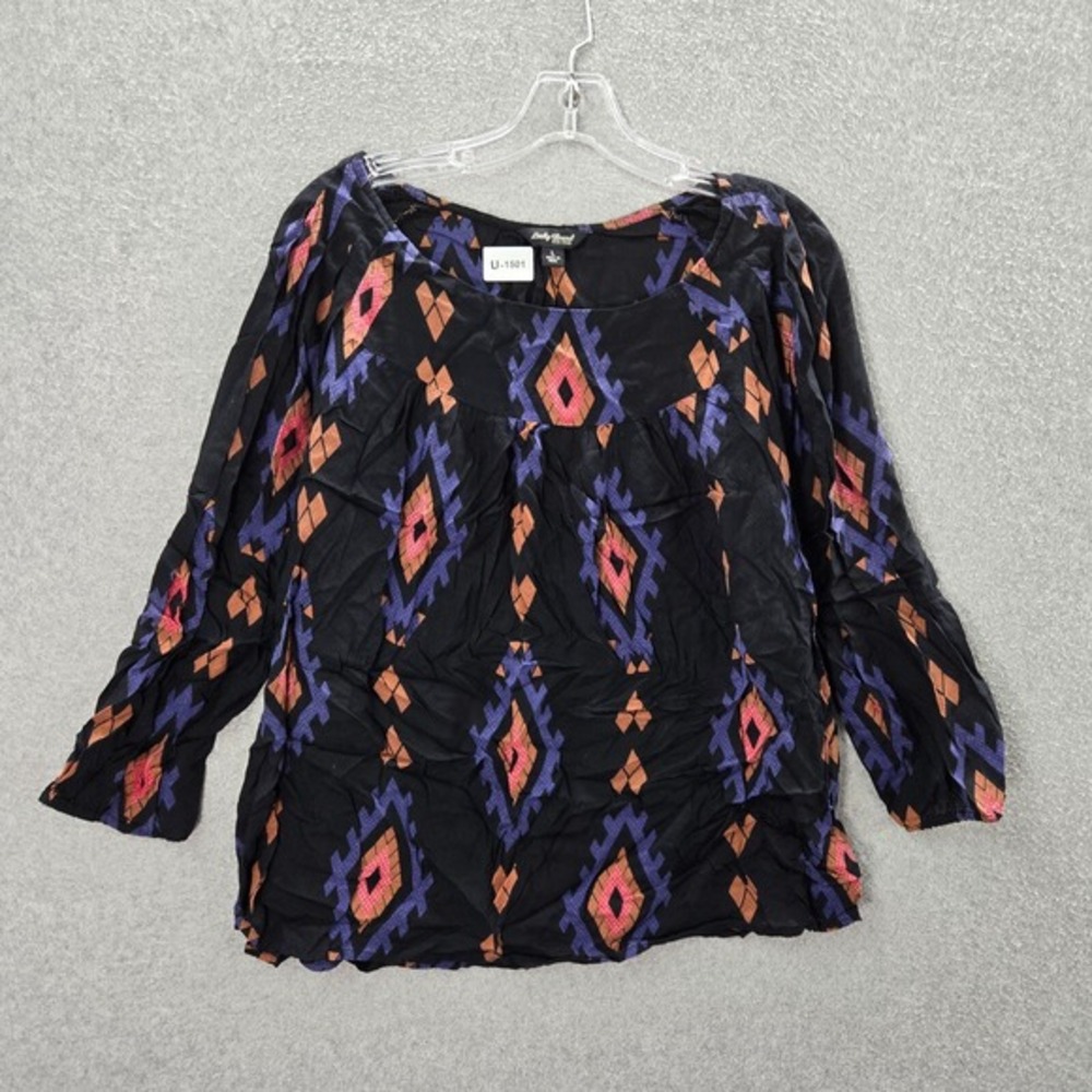 Lucky brand Women Top Large Black Geometric‎ 3/4 Sleeve Aztec Pullover